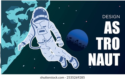 Space Explorer Astronaut Drifting in Orbit Bold Graphic Art Featuring Planet and Stellar Horizon