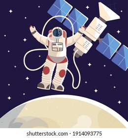 space explorer, astronaut satellite moon universe vector illustration