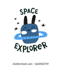 space explorer. cartoon bunny, stars, hand drawing lettering. Colorful vector illustration for kids. flat style. baby design for cards, posters, t-shirt print.