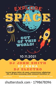 Space explorer flyer. Trending galaxy themed music banner poster with rockets, planets and stars. Modern template, musical DJ design. Stock vector banner illustration