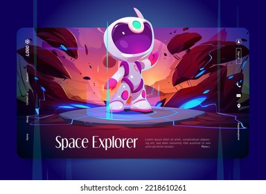 Space explorer landing page template. Cartoon vector illustration of astronaut in spacesuit standing on alien planet and waving hand. Futuristic adventure game character. Presentation website design