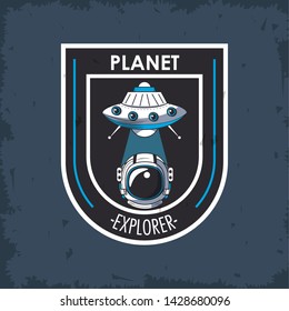 Space explorer patch emblem astronaut and UFO design on blue grunge background vector illustration graphic design