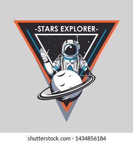 Space explorer patch emblem astronaut and planet design on gray background vector illustration graphic design