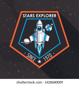 Space explorer patch emblem spaceship taking off design on black background vector illustration graphic design