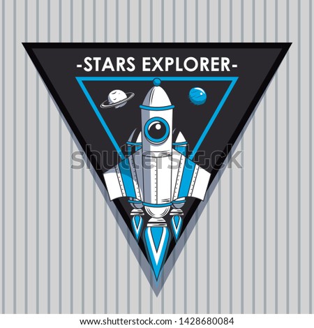 Space explorer patch emblem spaceship taking off design on gray striped background vector illustration graphic design
