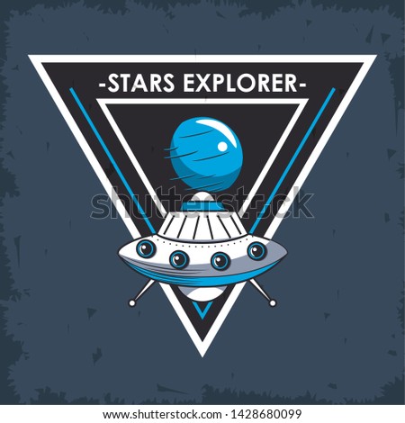 Space explorer patch emblem UFO and planet design on blue grunge background