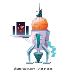 Space explorer for planet colonization cartoon vector. Futuristic technology, sci-fi construction, space exploration or alien attack. Cosmic ship or shuttle with drill taking soil samples