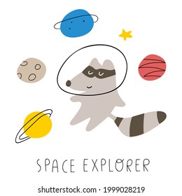 Space explorer. Raccoon fly among planets. Hand drawn vector illustration for kids.