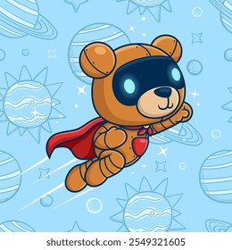 Space Explorer Robotic Teddy Bear in Superhero Suit , vector illustration.