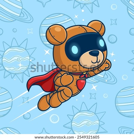 Space Explorer Robotic Teddy Bear in Superhero Suit , vector illustration.