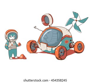 Space explorer. The rover and the young astronaut. Learning patterns on stones. On a distant planet. Travel, mission. Vector hand-drawn sketch.