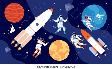 Space explorer set. Moving characters, cosmonaut cartoon in galaxy. Spaceman flying to moon, astronaut planets exploration utter vector concept