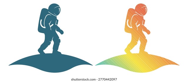 Space explorer silhouette, cosmonaut walking on lunar landscape, science mission concept.