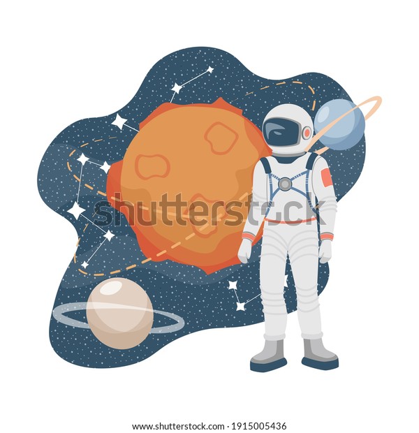 Space explorer in\
spacesuit and outer space vector flat illustration. Astronaut in\
space suit. Planet and stars. Cosmos colonization and scientific\
exploration concept.