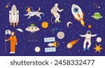 Space explorers set. Ufo in spaceship, satellite and astronauts. Different cartoon cosmonauts, star constellation and planets, snugly vector set