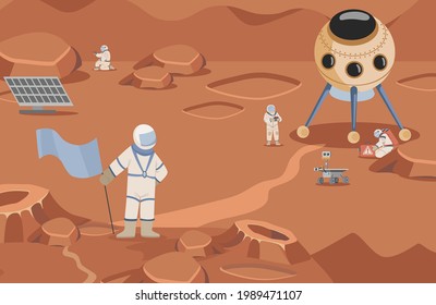 Space explorers in spacesuits making researches vector flat illustration. Astronauts and rovers walking on mars. Planet and cosmos colonization and exploration mission.