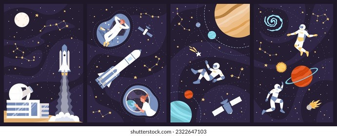 Weltraumforscher reisen Vektorgrafik. Cartoon-Astronauten in Helmen und Raumflügen zwischen Sonnensystemen, Asteroiden und Sternen, Charaktere arbeiten in Raumstation und Sternwarte