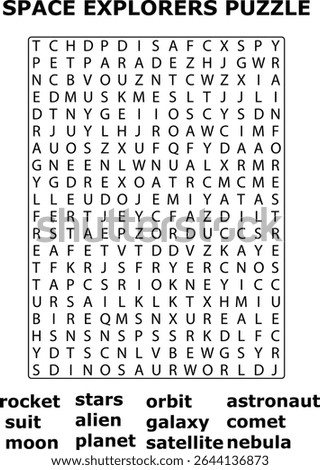 Space Explorers Word Search Puzzle Letters Background Grid Game Activity vector