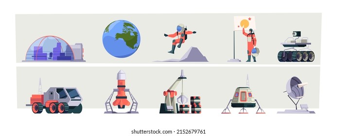 Space exploring. Astronaut adventure spacesuit rocket transport spacecraft vehicles garish vector cartoon illustrations