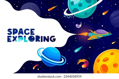 Banner de exploración espacial con asteroides de dibujos animados, nave espacial, planetas y cometas, fondo mundial de galaxia vectorial. Aventura y exploración espacial, lanzadera de cohetes en cielo estrellado con planetas y asteroides