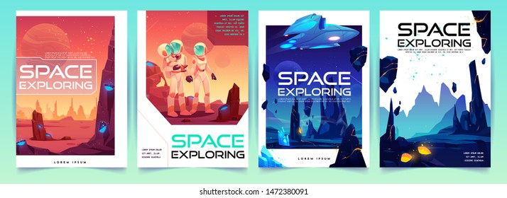 Space exploring banners set with alien fantasy landscape background and astronauts family on red planet surface. colonization concept for computer game or poster design. Cartoon vector illustration - Shutterstock ID 1472380091