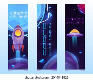 Space exploring cartoon vertical banners, alien ufo saucer, astronaut rocket or shuttle, planets and asteroids in outer space. Kids bookmarks with fantasy galaxy cosmic and Universe objects vector set