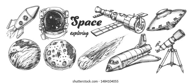 Space Exploring Elements Set Vector. Rocket And Shuttle, Satellite And UFO, Asteroid And Exposure Suit, Planet And Telescope. Hand Drawn In Vintage Style Illustrations