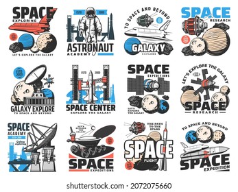 Space exploring expedition, galaxy research retro icons. Radio telescopes, astronaut and shuttle spacecraft, planets and satellites, rover engraved vector. Space academy, flight center emblems set