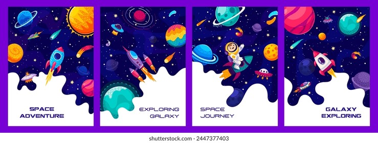 Space exploring, galaxy adventure posters with kid astronaut, starry universe, rockets and planets. Cartoon vector vertical cards with interstellar exploration, imaginative cosmic adventure or journey