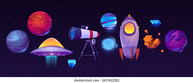 Space Exploring Icons, Planets, Rocket Or Shuttle, Telescope, Alien Ufo With Asteroid In Dark Starry Sky. Fantasy Computer Game Graphic Design Elements, Cosmic Objects, Cartoon Vector Illustration Set