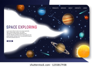 Space exploring landing page website template. Vector illustration of solar system planets, stars, comets, constellation. Space trip, cosmos exploration concept.