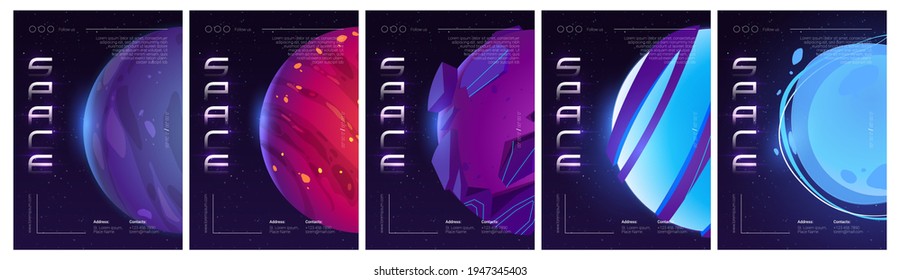 Space exploring posters. Vector set of futuristic flyers with cartoon illustration of fantasy alien planets on background of outer space with stars. Design template of explore galaxy, cosmos discovery