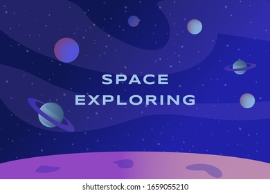 Space exploring vector banner design with text space. Pink planet landscape, surface of the planet with craters, stars and planets in the dark blue sky. Cosmic background concept.