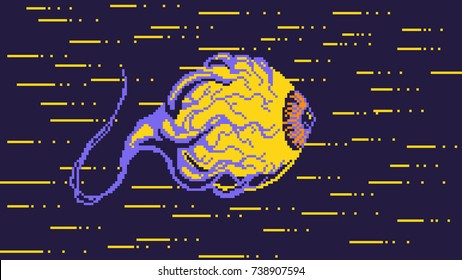 space eye pixel art. the eyeball flies in space. colorful old game style 8-bit cosmo eye