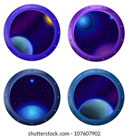 Space fantastic background, round spaceship window porthole with stars and planets, set. Vector eps10, contains transparencies