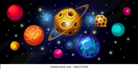 Space with fantastic planets, asteroids and stars. Vector illustration