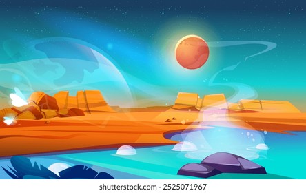 Raum Fantasie Landschaft. Orangener Planet. Heiße Erde mit Wasserdampf. Fantasie und Fantasie. Kosmos, Raum und Galaxie. Science-Fiction und Außenwelt. Flache Vektorgrafik