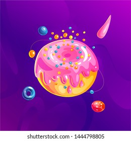 Space fantasy planet, asteroid, moon, fantastic world game vector cartoon icon, illustration in donut sweet style. Pink dessert glaze with colored sparkles. Fantasy colorful planet with cosmic