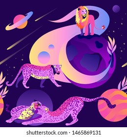 Space fantasy from planets. Magic seamless pattern with planets and animals. Lions and Leopards soar in the air