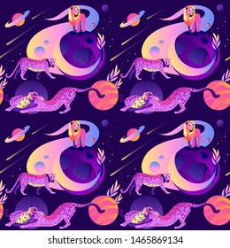 Space fantasy from planets. Magic seamless pattern with planets and animals. Lions and Leopards soar in the air