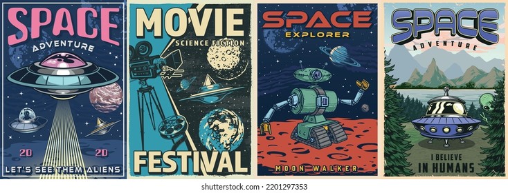 Space fantasy set flyers colorful vintage flying saucers and robots to explore surface of uninhabited planet from solar system vector illustration