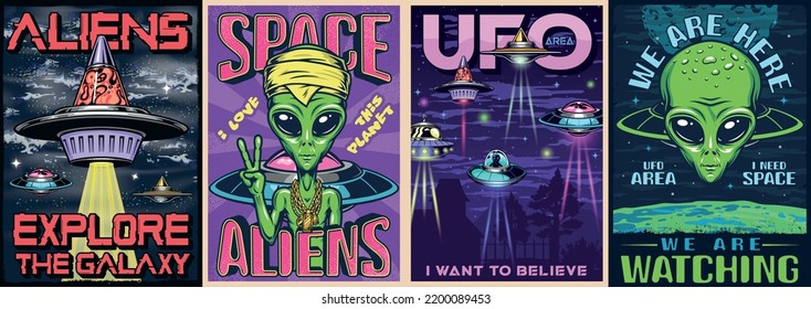 Space fantasy set posters vintage colorful with aliens humanoids from science fiction films who arrived from another galaxy vector illustration