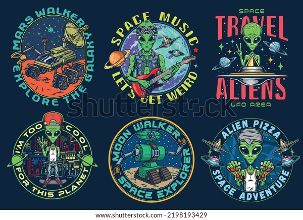 Space fantasy set vintage colorful elements\
with humanoid aliens welcoming people exploring galaxy on Mars and\
moon walker vector\
illustration