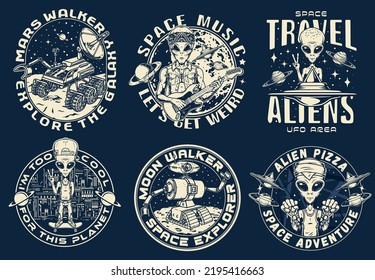 Space fantasy set vintage monochrome labels with robotics exploring mars or moon and aliens with guitar and pizza vector illustration