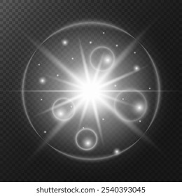 Fantasía espacial. Efecto de brillo de las estrellas. Rayos de sol claros. Círculos de planetas. Ilustración vectorial EPS10.