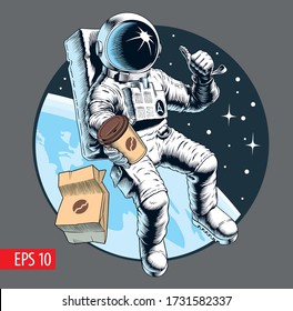 Space fast food. Astronaut holding a coffee cup. Coffee to go concept. Vector illustration.