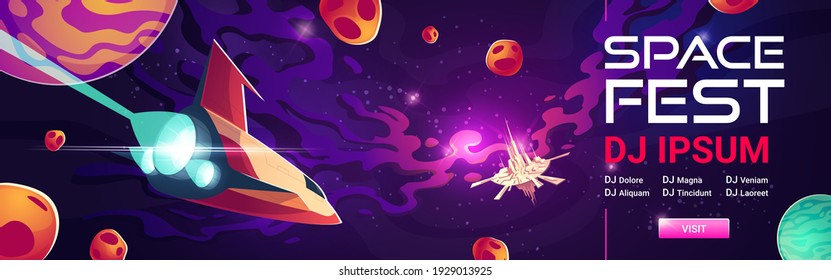 Space fest cartoon web banner, invitation to music show or concert with dj performance. Shuttle and alien station in galaxy with planets. Cosmos, universe fantasy background, vector illustration