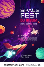 Space fest cartoon web banner, invitation to music show or concert with dj performance. Shuttle and alien station in galaxy with planets. Cosmos, universe fantasy background, vector illustration