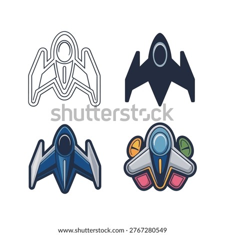 Space fighter spaceship icons set, sci fi craft silhouettes, arcade game asset, cosplay poster, comic convention banner, vector illustration