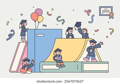 In a space filled with huge piles of books, small and cute graduating characters are congratulating each other. Cuttiny character with outline.